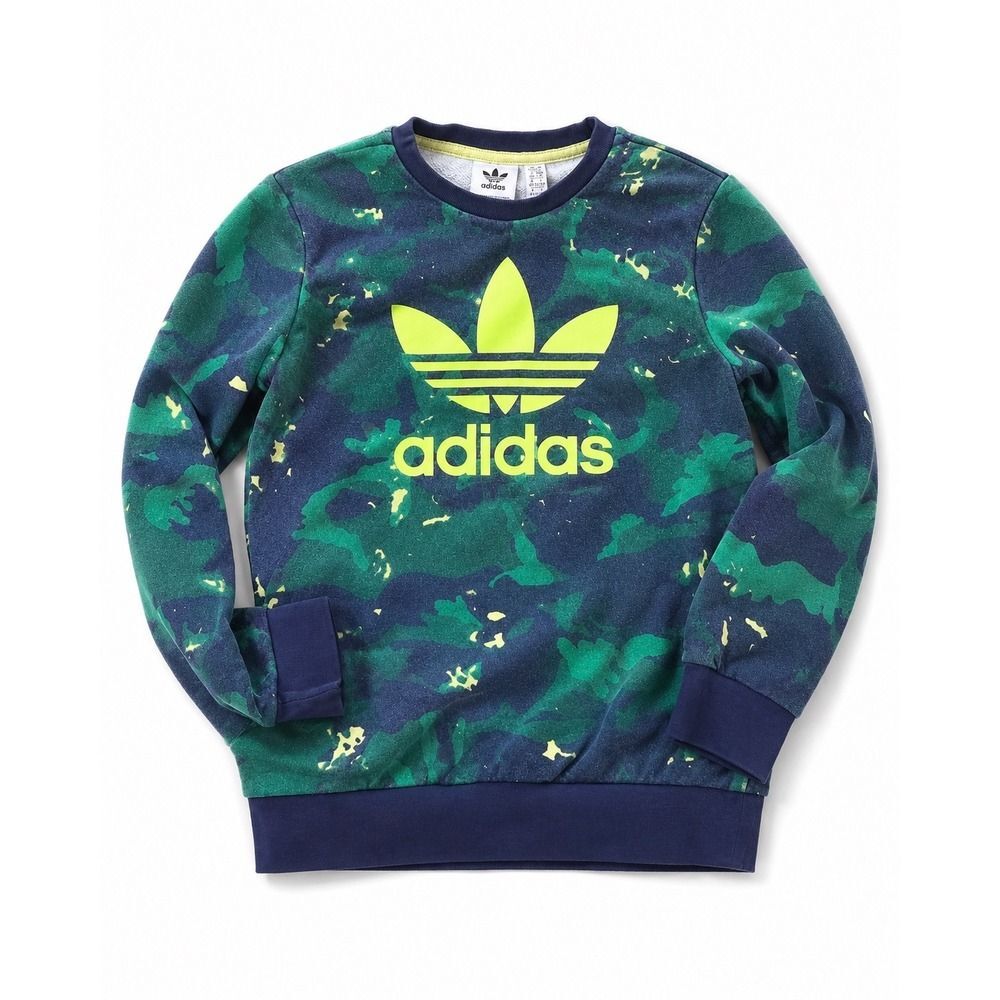 Adidas Originals Kids Camo Crewneck Sweatshirt Blue Green Trefoil Logo Size L 14